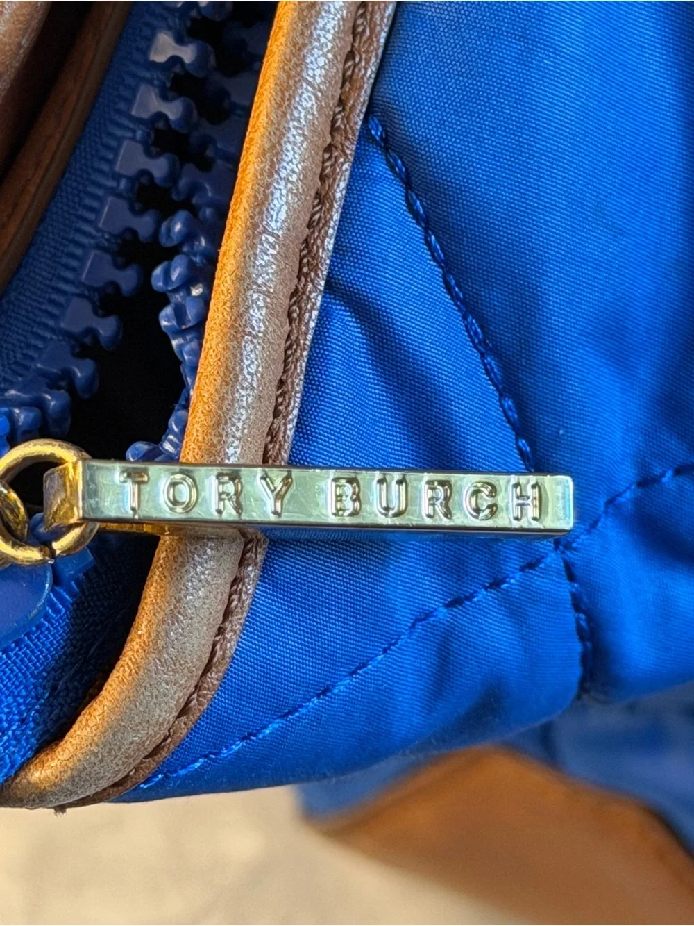 EUC Tory Burch Leather & Quilted Blue Tote. - Picture 8 of 12